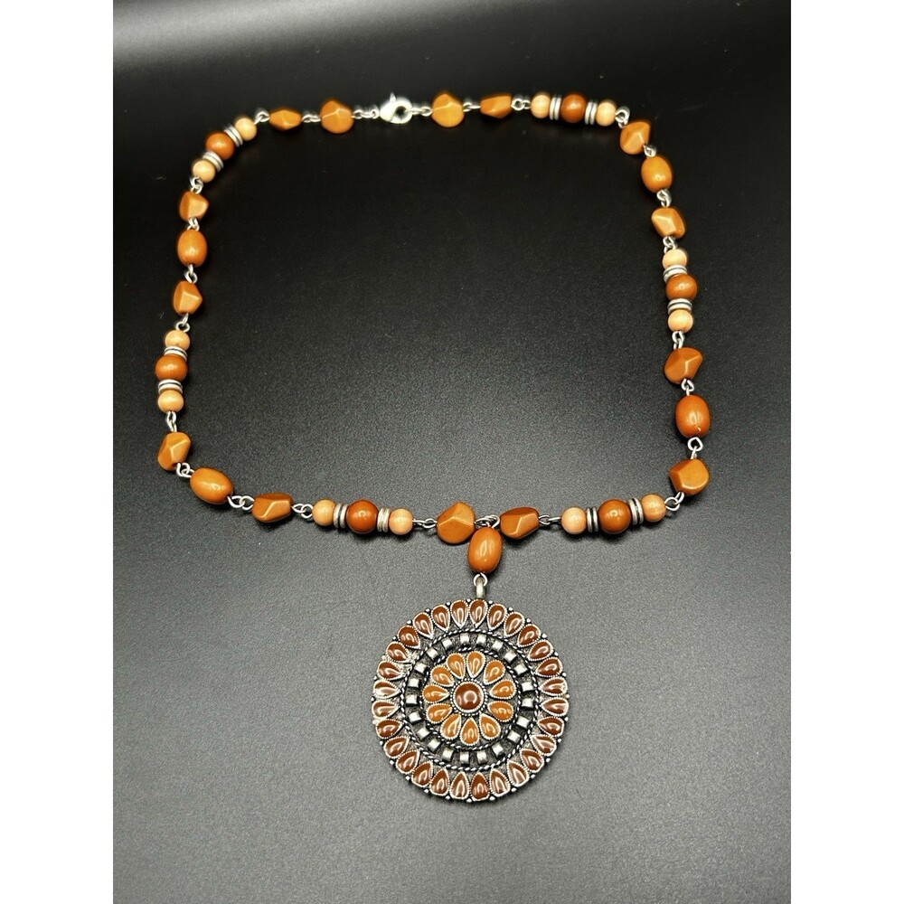 Boho Southwestern Terracotta Brown Beaded Mandala Pendant Medallion Necklace